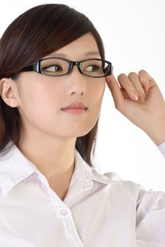 Smart business woman with glass looking and watching, closeup portrait on white background.