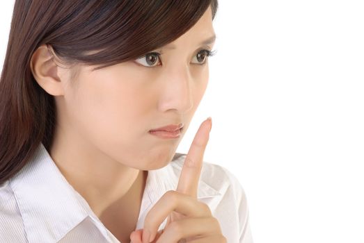 Angry businesswoman with silent sign gesture, closeup portrait on white background.