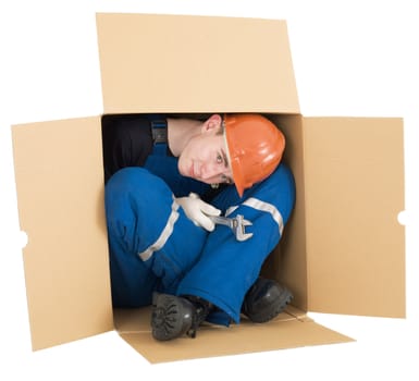 Labourer on the helmet in box on a white background