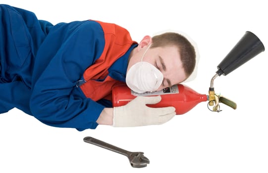 Labourer with fire extinguisher on a white background