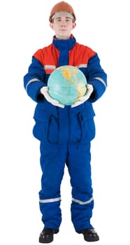 Worker on the helmet with globe on a white background