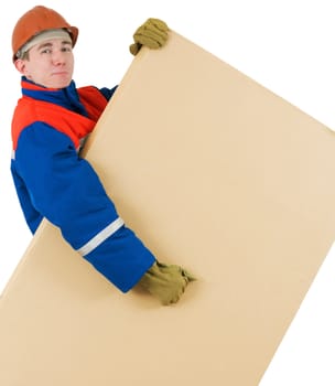 Labourer on the helmet with box on a white background