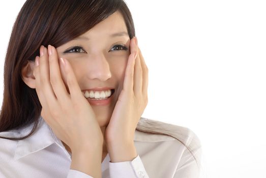 Cute business woman of Asian with hands on face, closeup portrait on white background.