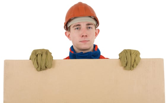 Labourer on the helmet with box on a white background