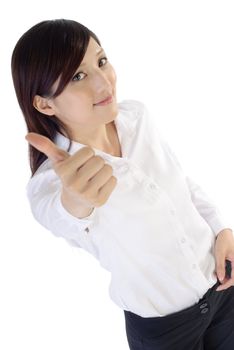 Business woman give you a excellent gesture by thumbs up, portrait on white background.