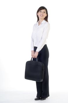 Full length portrait of Asian business woman with briefcase standing on white background.