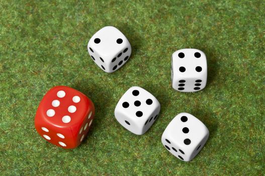 Red die wins over four white dice on green floor