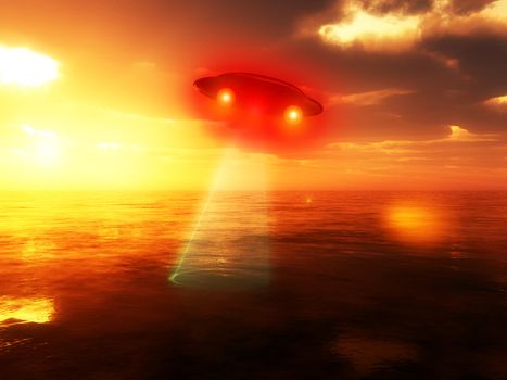 A UFO with a laser beam over the ocean, at dawn or dusk.