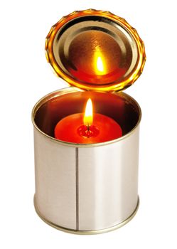 red candle on a tin can ovr white background