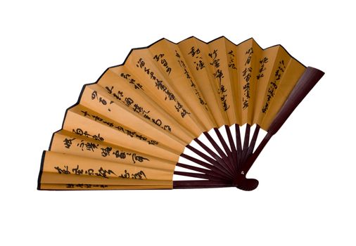 traditional asian hand fan with hieroglyphes isolated on white background