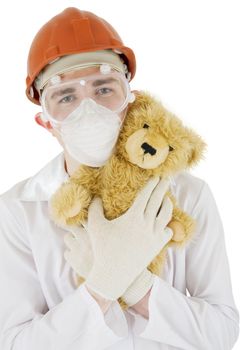 Scientist on the helmet with on a white background