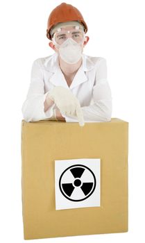 Scientist on the helmet with box and poster radiation on a white background