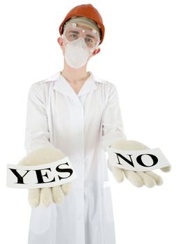 Scientist on the helmet with posters on a white background