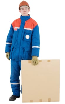 Labourer on the helmet with box on a white background