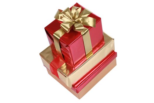 Elegant red and gold presents stacked,  isolated