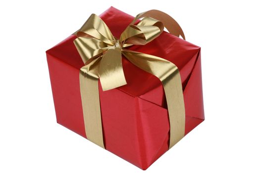 Red gift box with gold ribbons