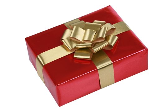 Red gift box with gold ribbons