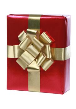 Red gift box with gold ribbons