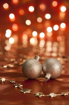 Christmas decoration with baubles. Shallow depth of field, focus on bauble, aRGB.