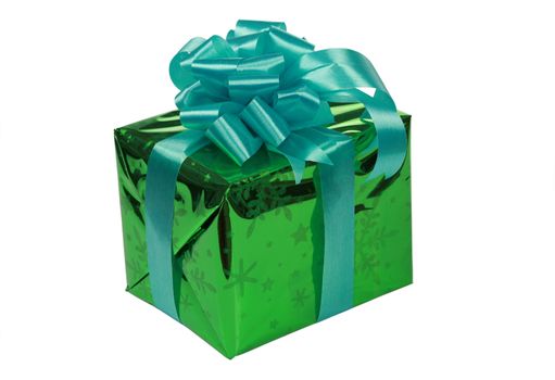 Green present with blue ribbons isolated on white