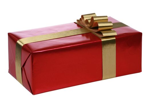 Red gift box with gold ribbons