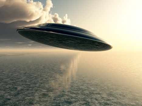 A Flying saucer hovering over a ocean.