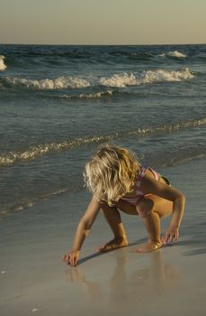 A 4 year old girl in a swimsuit discovering wonders in the beach sand at sunset.