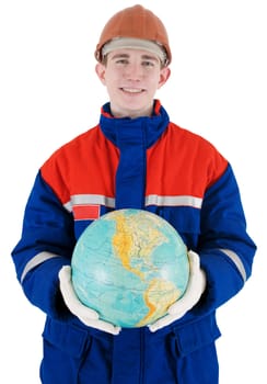 Labourer on the helmet with globe on a white background