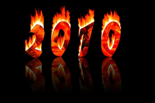 2010 new year numbers in fire reflected on black background