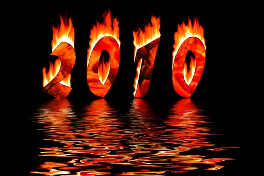 2010 new year numbers in fire reflected in water