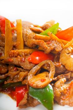 typical chinese dish,fresh beef stir fried with pepperrs bamboo sprout and mushrooms