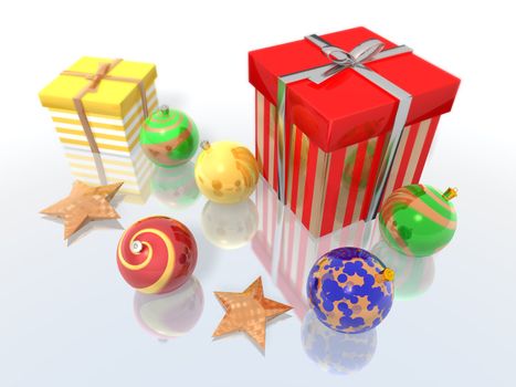 a 3d render of some Christmas gifts and baubles
