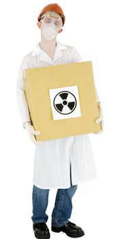 Scientist on the helmet with box and poster radiation on a white background