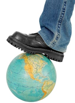 Boot on terrestrial globe on a white background
