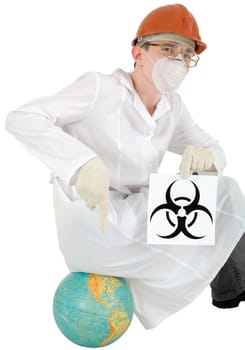 Scientist on the helmet with poster bio-hazard sit on a globe on a white background