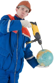 Laborer on the helmet with drill and globe on a white background