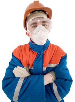 Laborer on the helmet and respirator on a white background