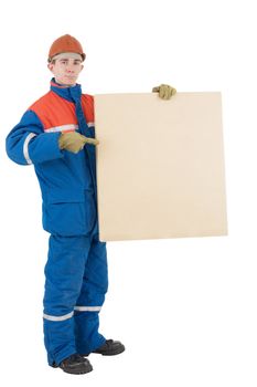 Laborer on the helmet with box on a white background