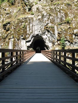 long, old wooden bridge going into a tunnel