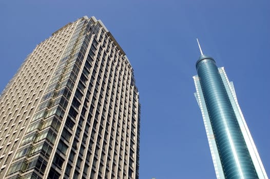 China, Guangdong province, Shenzhen city center with modern skyscrapers, office buildings.