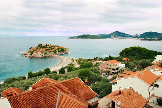 Small island Sveti Stefan in Adriatic sea in Montenegro