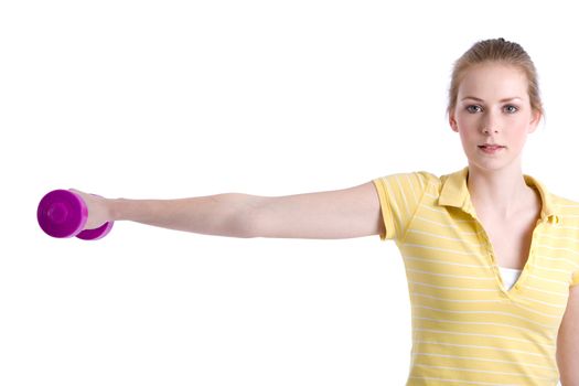 Pretty young blond girl training her arms and shoulders with a dumbbell