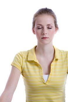 Pretty blond young woman relaxing on white background