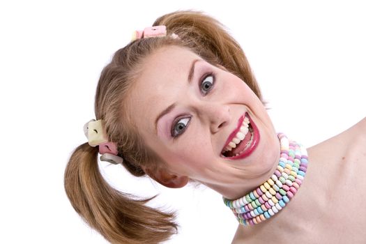 Happy candy girl with big smile on white background
