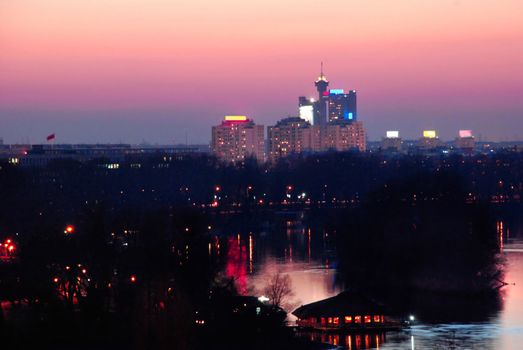 cityscape of evening Belgrade, Serbia in sunset colors