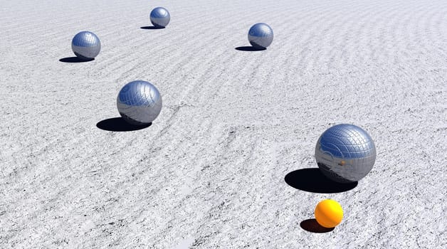 Five metallic petanque balls and the small yellow jack on the ground by day light