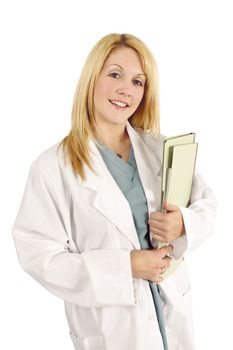 A beautiful young blond female doctor, dentist, nurse carrying medical files.
