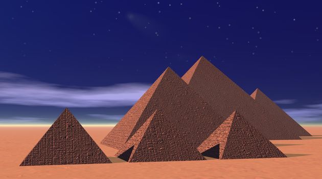 Three big and three small beautiful pyramids in the desert by sunset and blue night with fog and stars