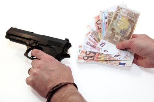 concept of a drug deal or gun hire going down against a white background