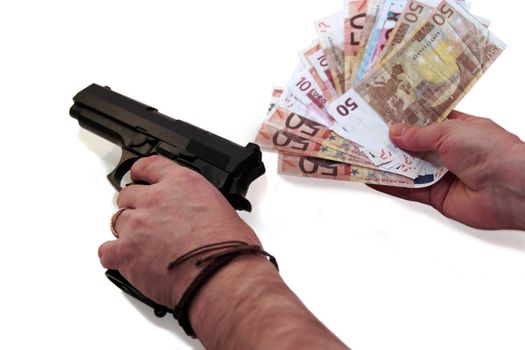 concept of a drug deal or gun hire going down against a white background